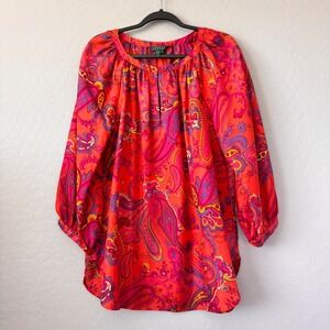 Lauren Ralph Lauren XL Paisley Print 100% Silk Blouse Top Tunic Red Pink